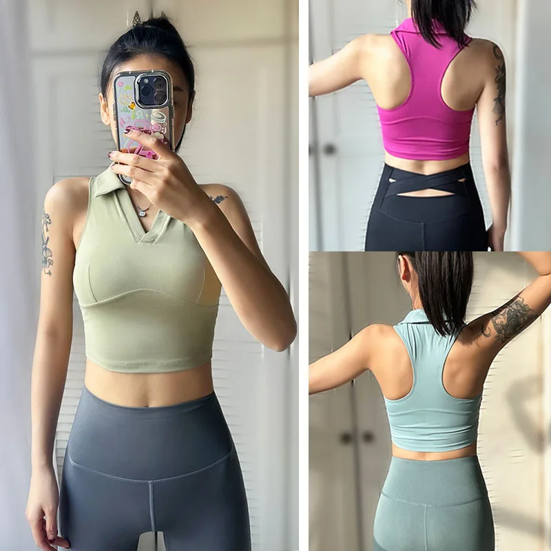 PofyBofy Racerback Built in Bra Turn-Down Collar V Neck Fashion Vest Elastic Sleeveless Yoga Fitness Women Tank Top Sportwear