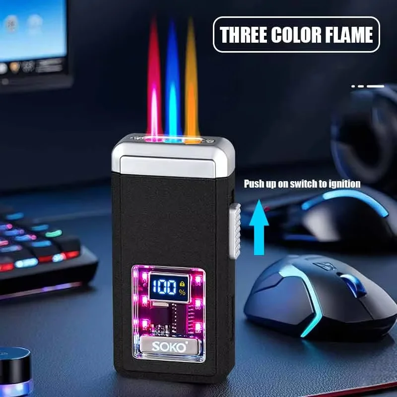 High Beauty Gas Electric Direct Injection Three Flame Lighter Type-C Fast Charging Multiple Ignition Methods Windproof Lighter