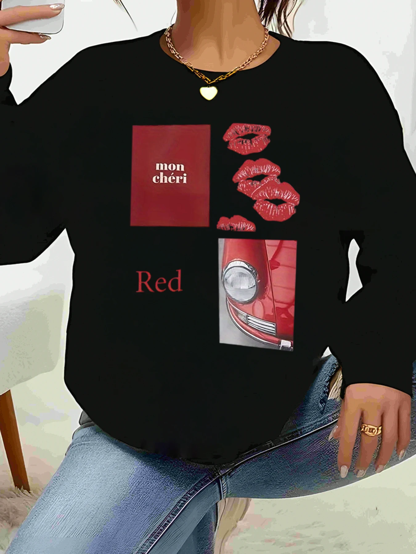 

Толстовка с текстом Mon Cheri с красными губами и принтом автомобиля, повседневная одежда на День святого Валентина, женская мода