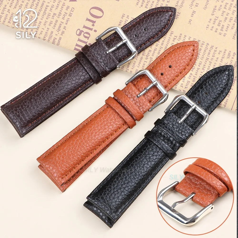 18mm 20mm 22mm Litchi Pattern Soft Leather Watch Bands Universal Men Women Strap Smartwatch Replacement Bracelet Sport Wristbelt