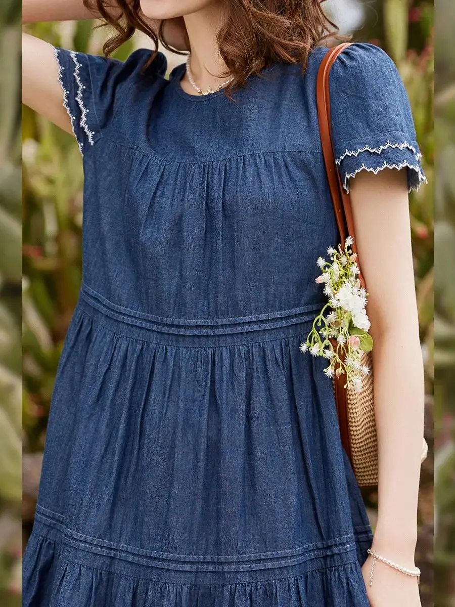 LOUIS YAO Women Denim Dress 2024 Summer 100% Cotton Embroidery Round Neck Short Sleeve Loose A-line Casual Mid Length Dress