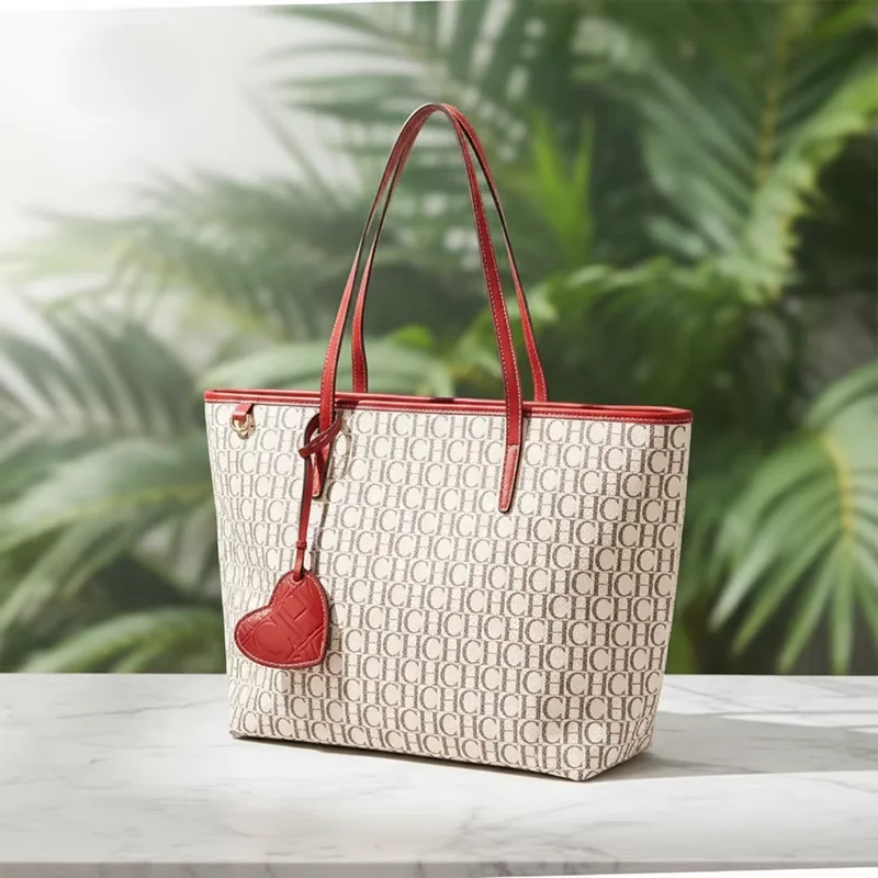 Women High Capacity Monogram Print Tote Bag Heart Charm Contrast Trim Zipper Closure Business Vacation Shopping Commute