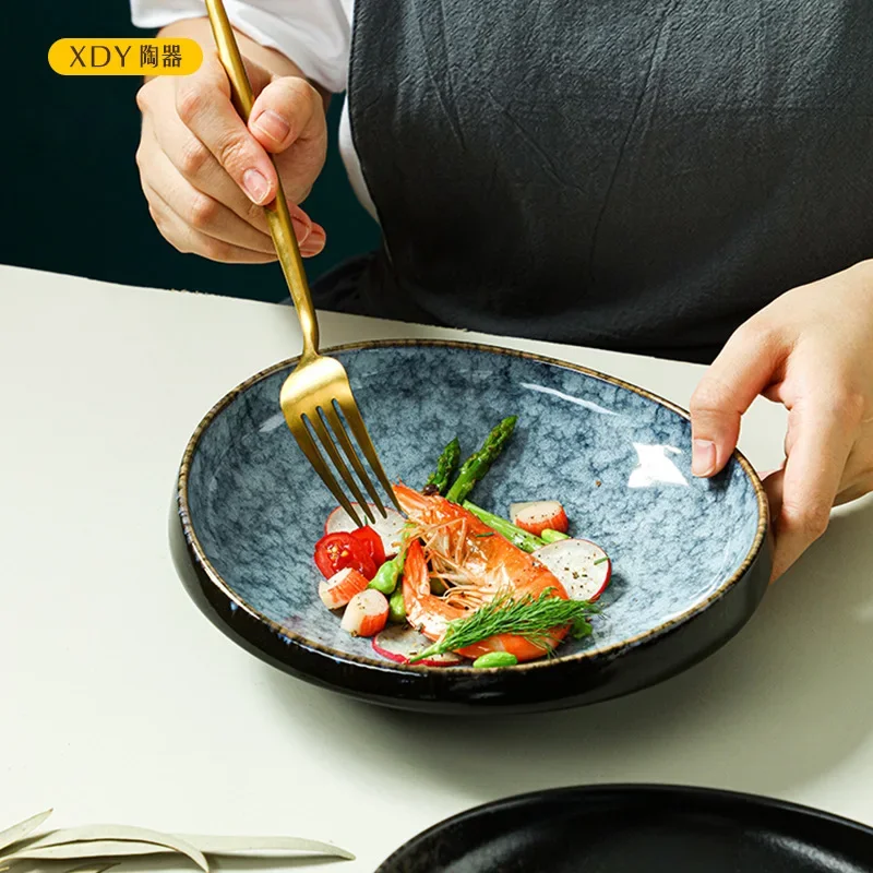 Household high-value ceramic bowl 8-inch thick edge round bowl thickened anti-scalding instant noodle bowl retro soup salad
