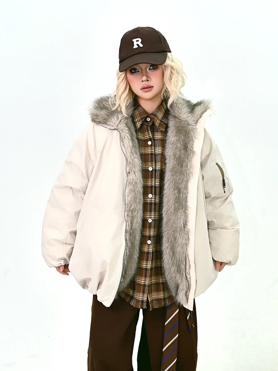 

Теплое удобное женское свободное зимнее пальто с меховым воротником Street Sle Thiened Cotton Jaet на молнии Long Sve Hoodie