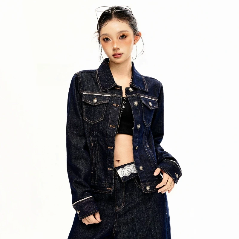 Ladies American Style Denim Blue Short Jacket Vintage Lapel Collar Full Button Placket Outer Coat Trendy Streetwear Denim Coat