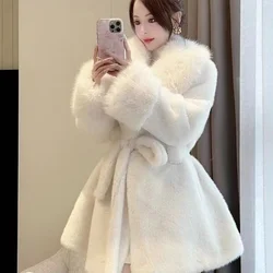 2024 Winter Warm Open Stitch Plush Overcoat Women Big Turn-down Neck Faux Fox Fur Cardigan Ladies Thick Jacket Coat With Belt