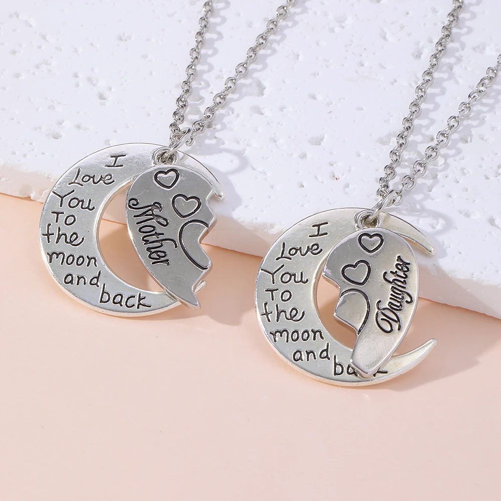 Cute Broken Heart Mother Daughter I Love You To The Moon And Back Charms Pendant Necklace Set For Family Love Mother\'s Day Gift