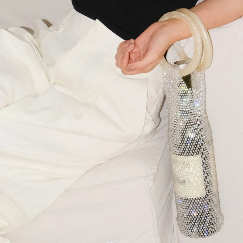 

Resin Handle Wine Pouch Mesh And Embedded Rhinestones Bottle Holder Versatile Insulation Cup Bag Elegant Marble Handle Bag