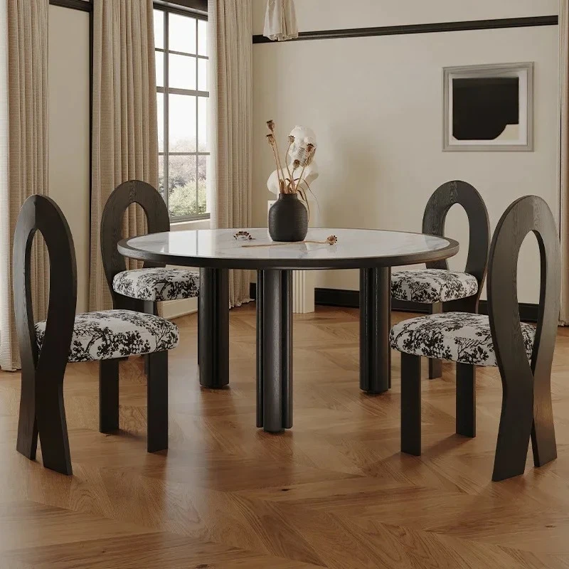 

Retro round Dining Tables and Chairs Set Walnut Dining Table Household Light Luxury Stone Plate round Table