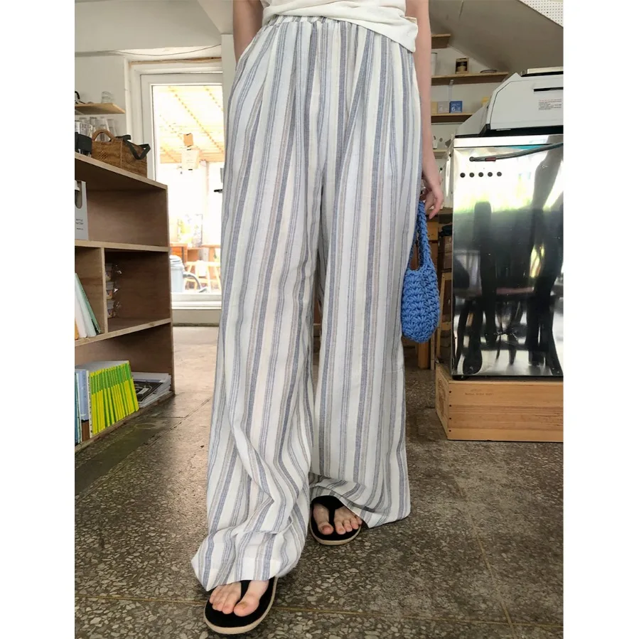 

Удобные свободные брюки с широкими штанинами, синие, в вертикальную полоску, с эластичной талией, повседневные длинные брюки для женщин, весна-осень-зима