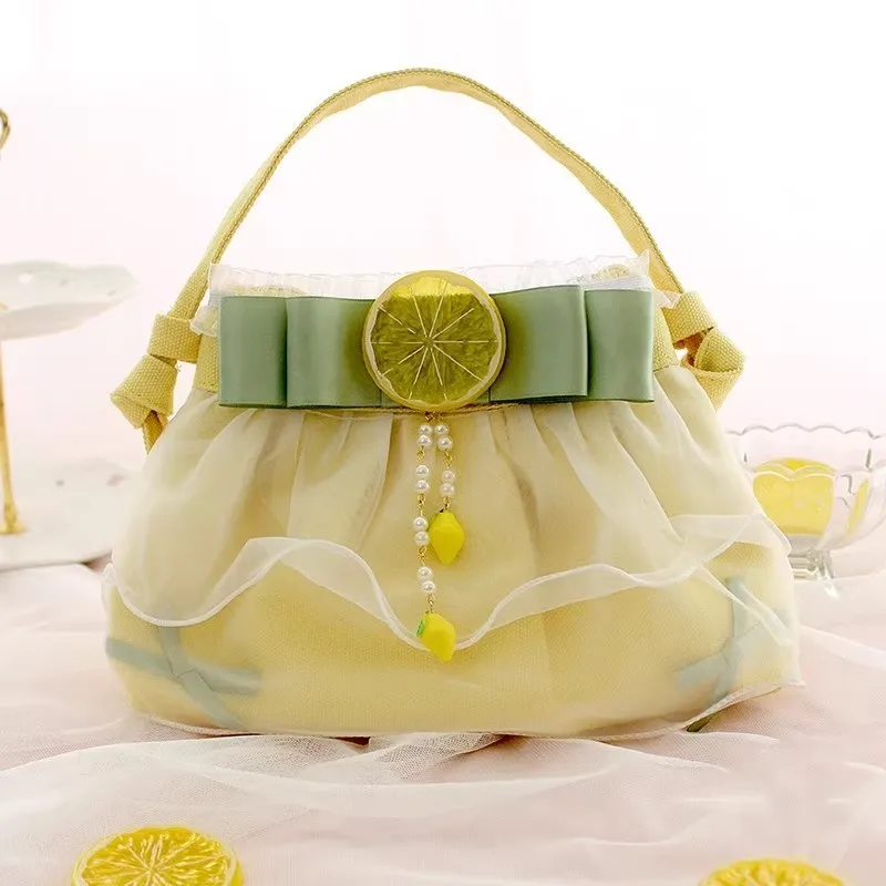 

JIAERDI Sweet Cute Lemon Gauze Handbag Women Bow Pleated Large Capacity Shoulder Bag Ladies Color Blocking Elegant Crossbody Bag
