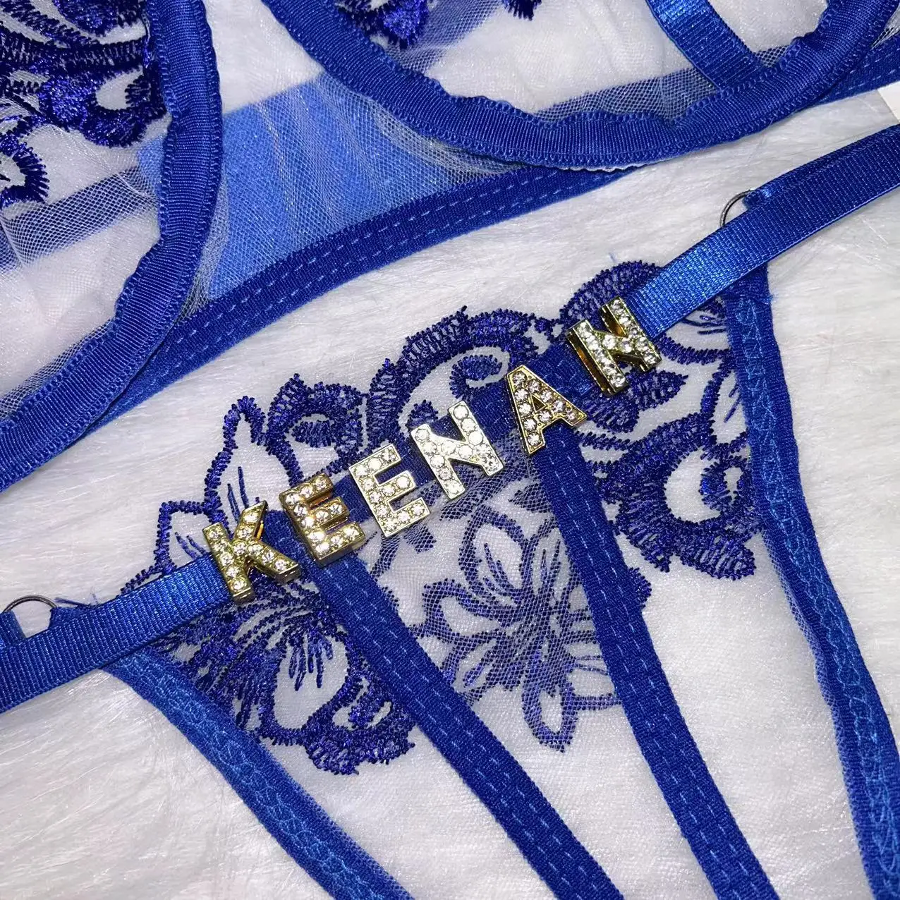 Lingerie personalizada sexy para mulheres, Lingerie personalizada, Nome Thongs com sutiã, Top de tanga pura, Conjunto de letras de cristal