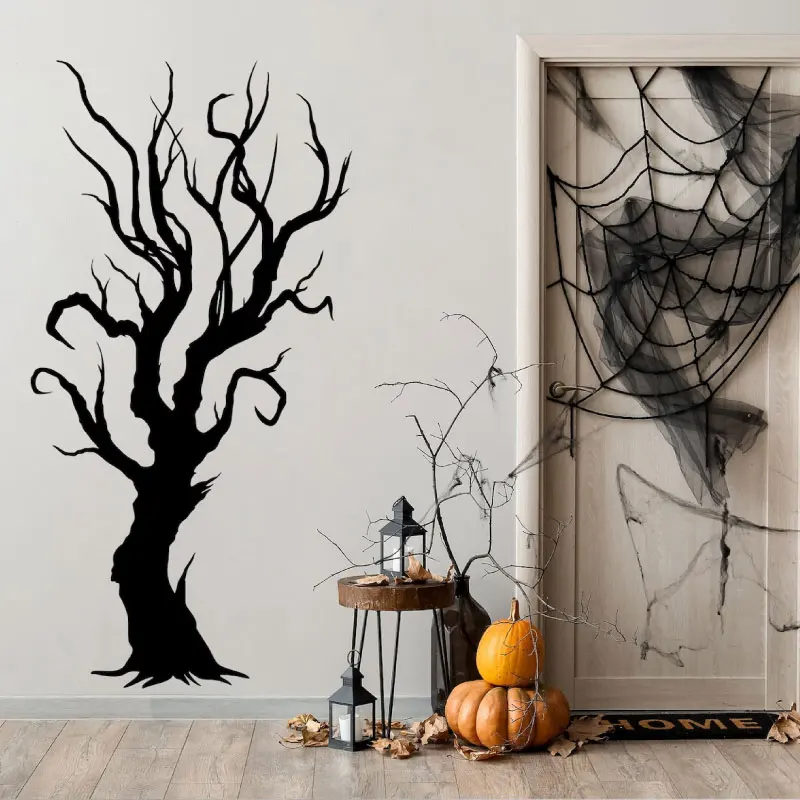 Spooky Tree Wall Decal Vinyl Halloween Decor for Kids Room Curly Branch Horror Tree Art Sticker Removable Murals Wallpaper AC34