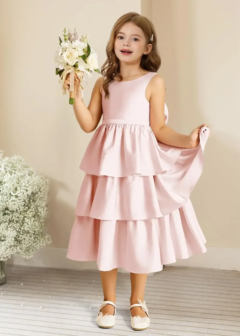 Princess Dress Girls Crewneck Layers Flower Girl Satin Pageant Dress with Bow Knot Backless Birthday Party Formal Dress