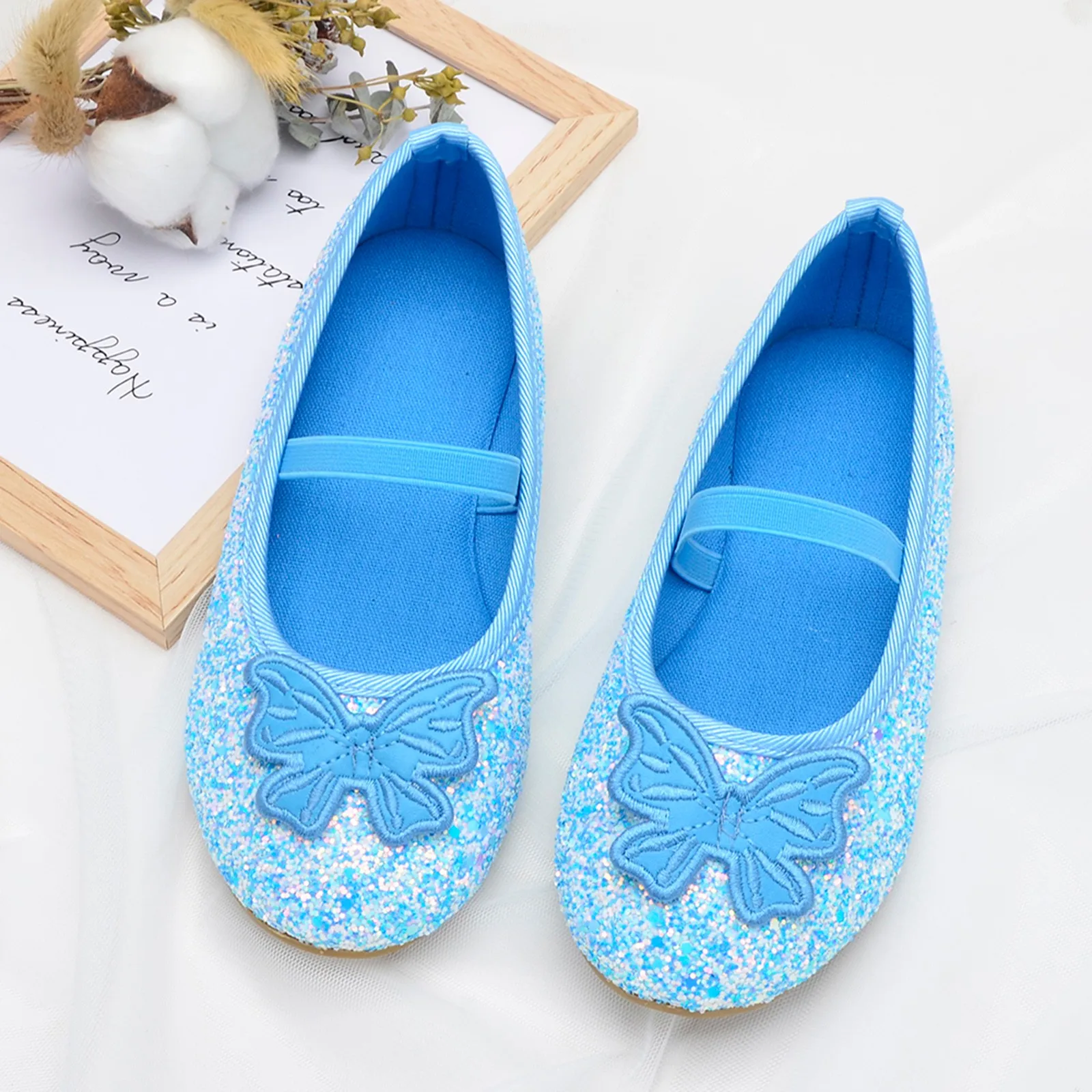 Zapatos de primavera y verano para niñas, zapatos planos elásticos para bebés y niños, zapatos de princesa con lentejuelas azules para niñas, zapatos de boda