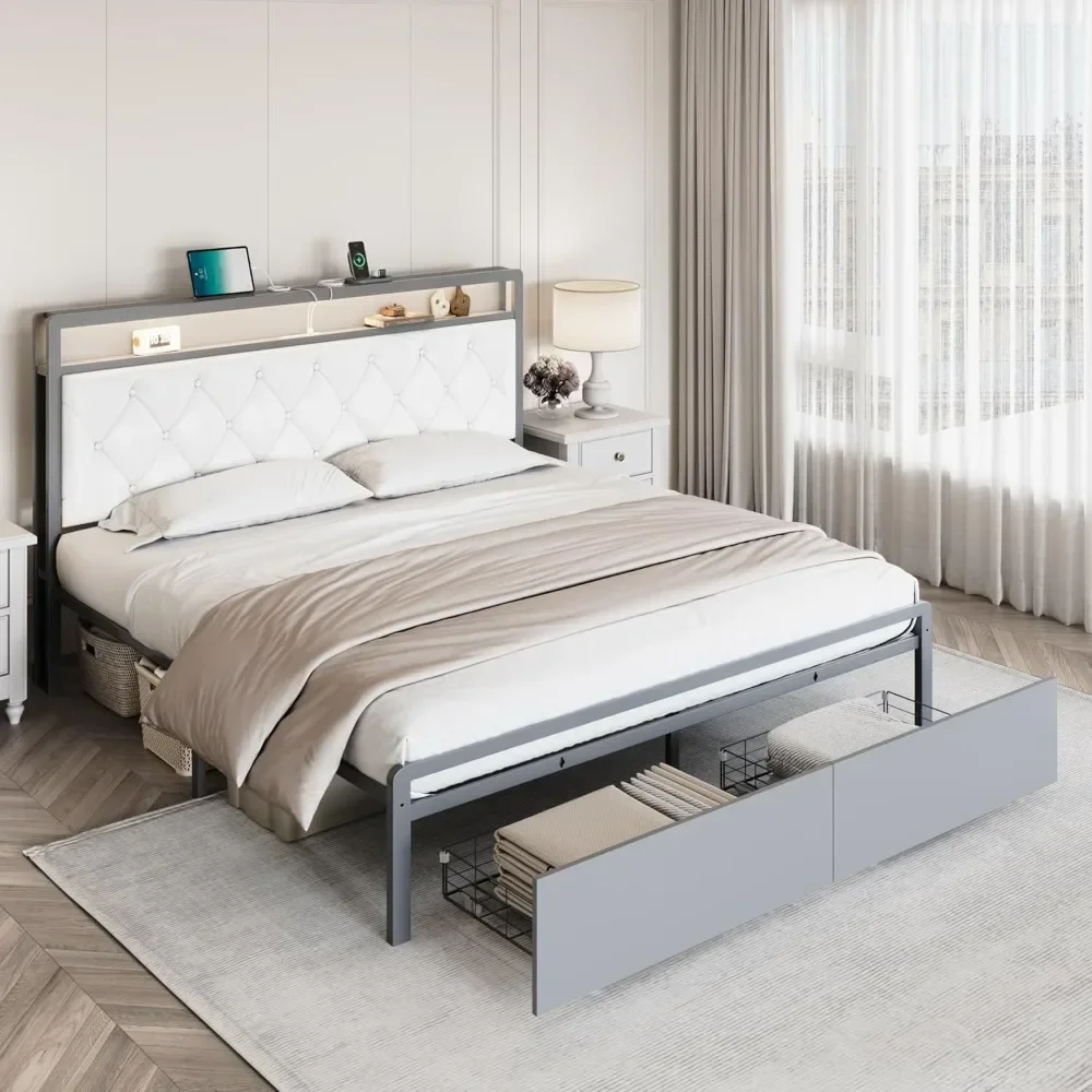 

Bed Frame, with Drawers and Charging Station, with Storage Headboard and LED Light, Metal Frame Support, Bed Frame