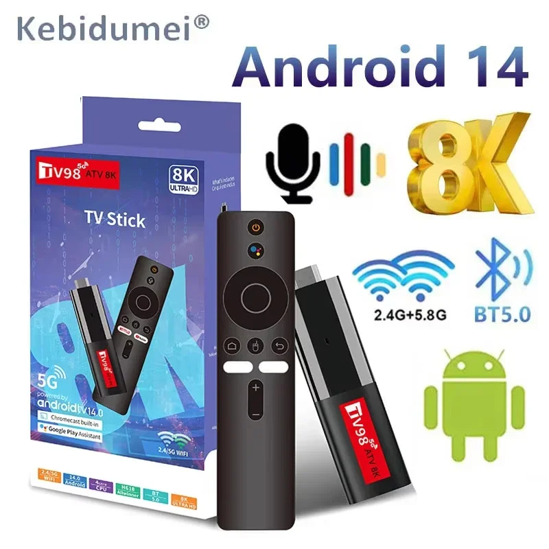 TV Stick Android 14 Smart TV98 ATV Поддержка 8K Видео 4K BT5.0 WiFi6 Allwinner H618 Четырехъядерный процессор Cortex A53 Голосовой пульт Smart TV Box