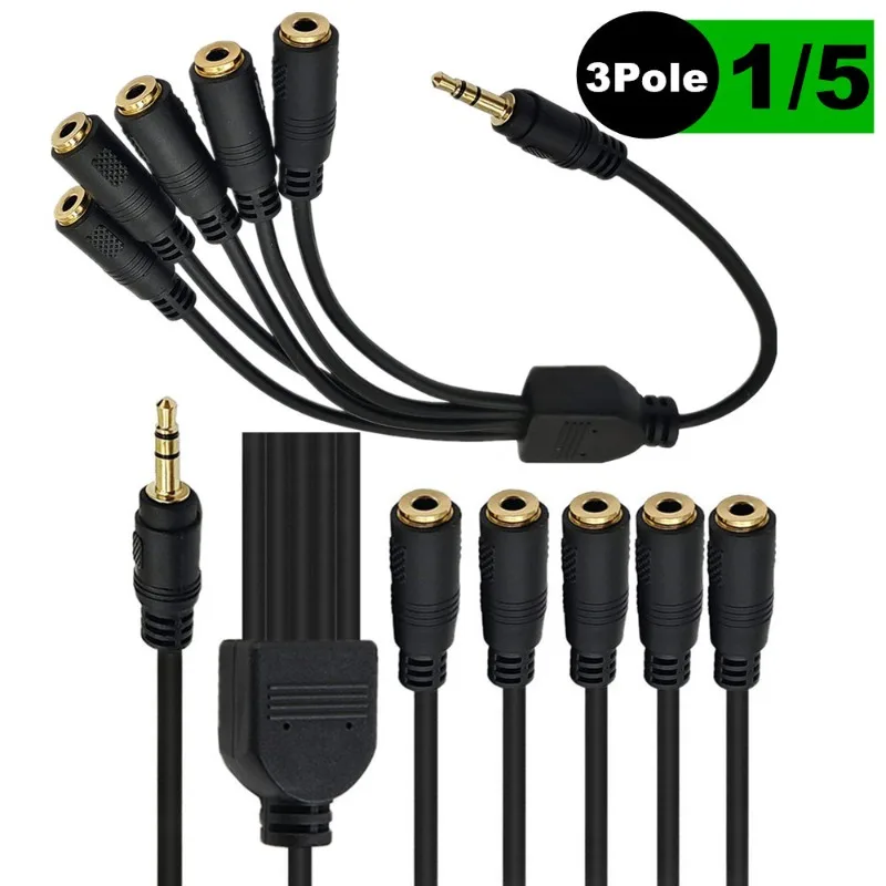 3.5MM Audio Cable, One Point and Five Extension Cable 3 Levels 3 Sections DC3.5 Male Stereo, Divided Into 5 DC3.5 Female Stereo