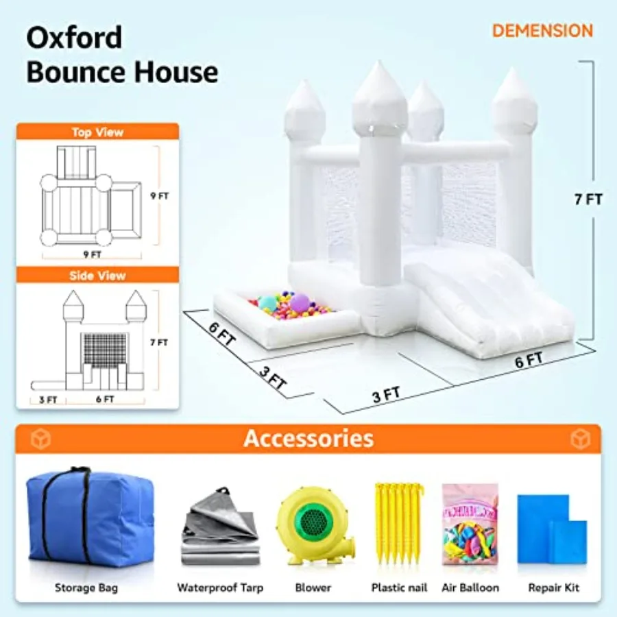 White bounce house with blower for outdoor play, sewn extra thick PVC material, durable and safe for children's inflatable boun