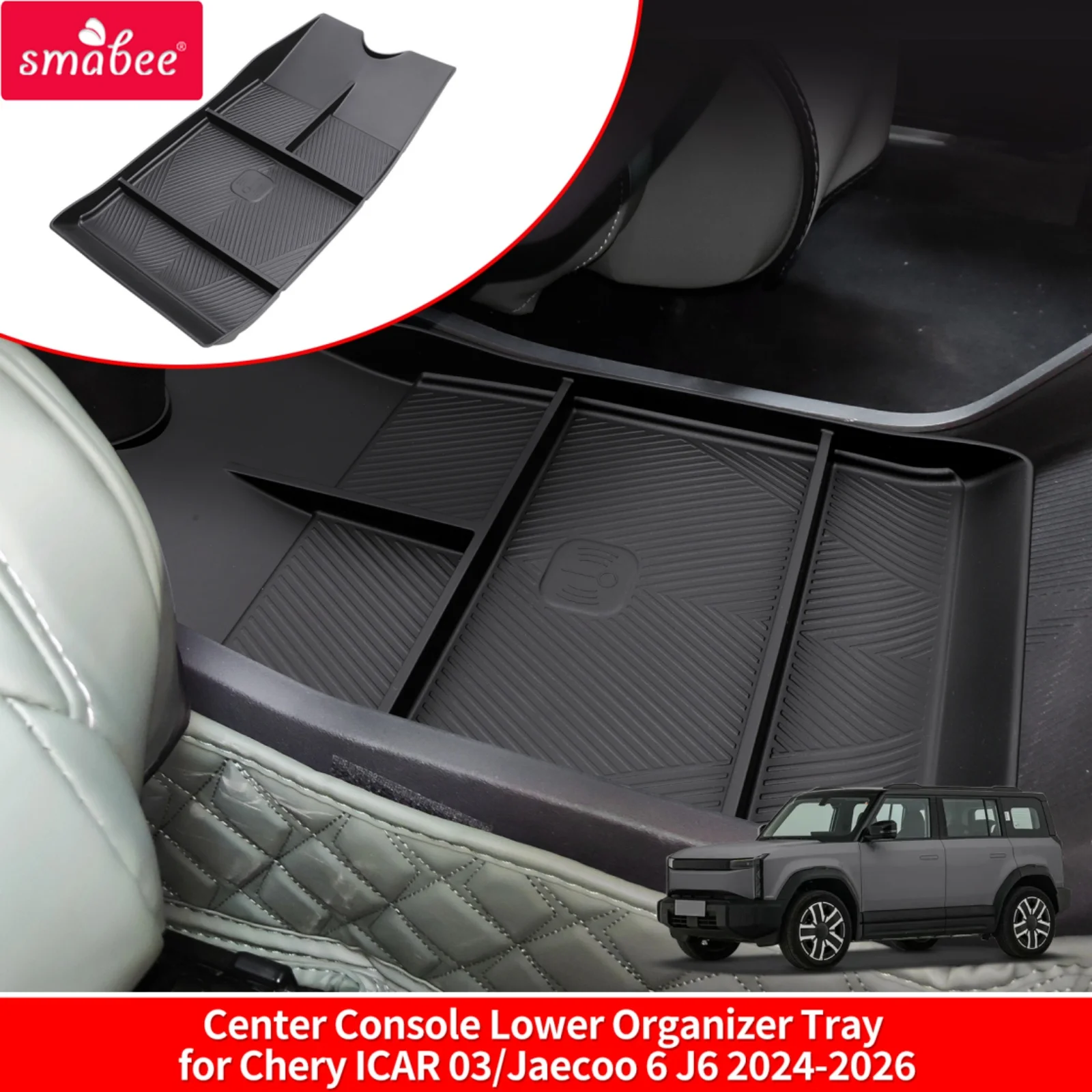 Smabee for Chery ICAR 03/Jaecoo 6 J6 2024-2026 Center Console Lower Layer Storage Box Tray TPE Organizer Accessories BLACK