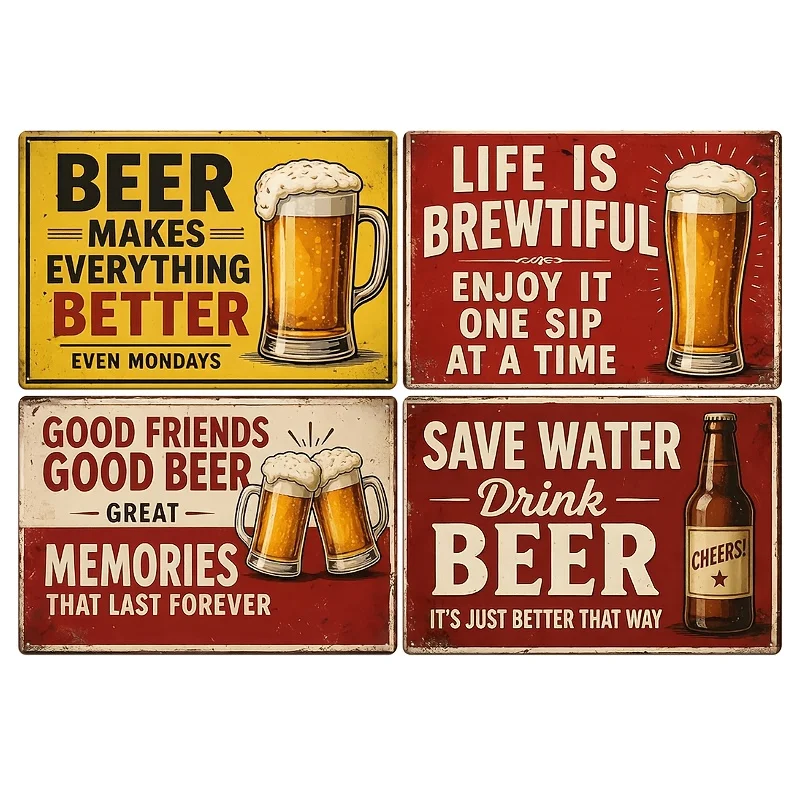 4pcs Funny Beer Quotes Vintage Metal Tin Signs, Retro Beer Humor Metal Plaques Bar & For Man Cave Wall Decor Set 8x12 Inches