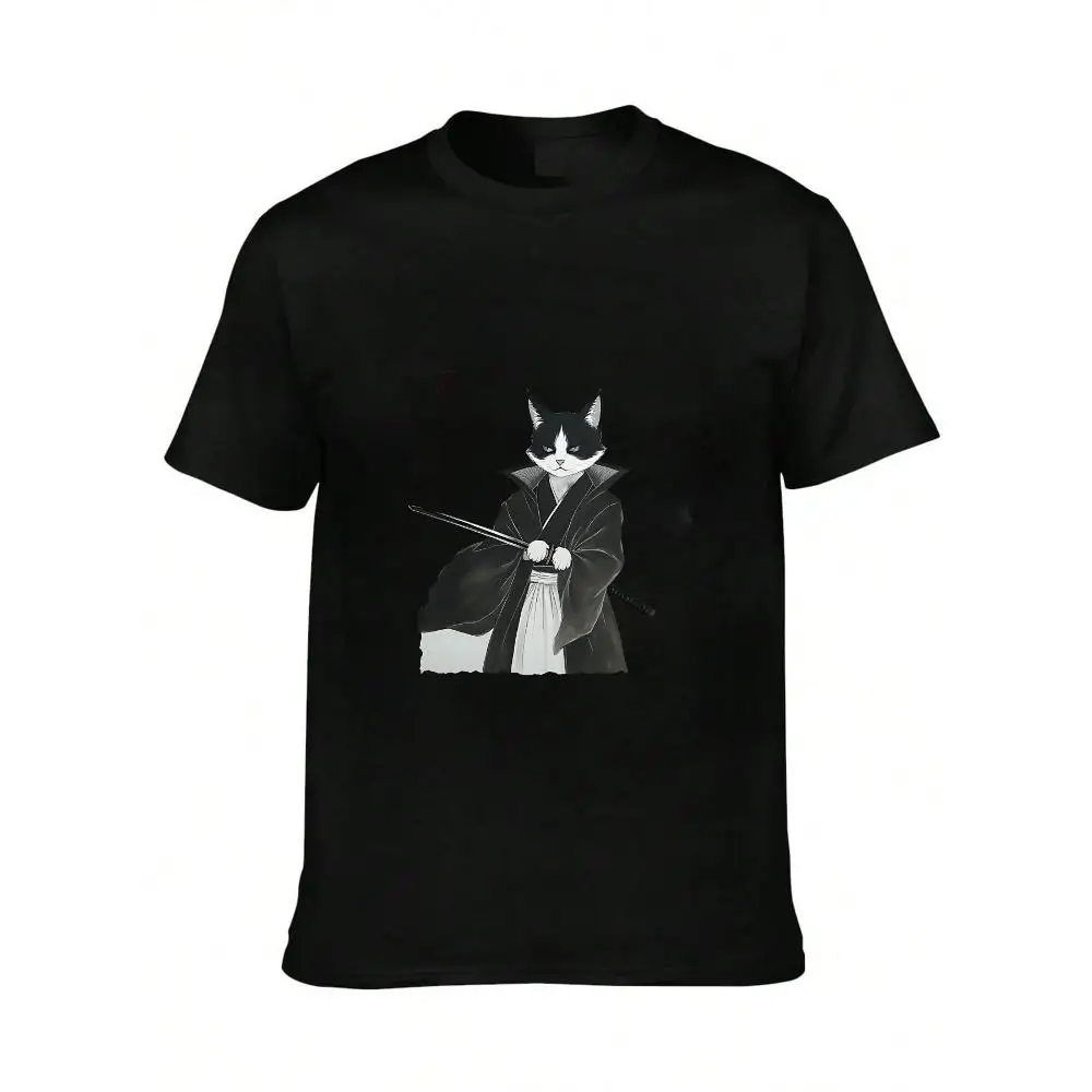 Men Samurai Anime Ninja Cat Japanese Manga T-Shirt Black Short Sleeve Round Neck Cute with Kanji Regular Fit Adult Casual