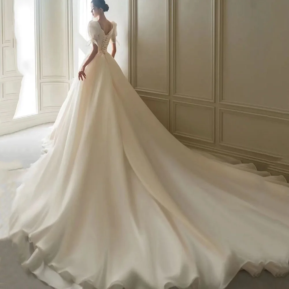 Wedding Dress V-neck Organza Wedding Dresses for Women A-LINE Bridal Dress with Short Sleeves