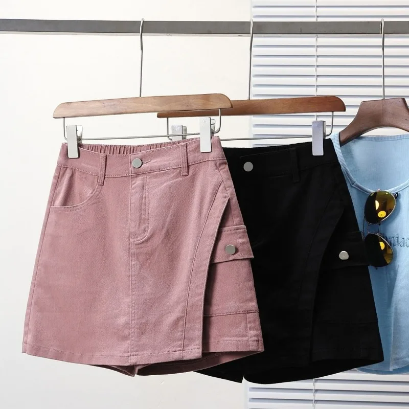 Large Size Thin Skirts Pants Summer Thin Elastic Waist Denim Fabric Prevent Wardrobe Malfunction Shorts 2 Color Solid Culottes