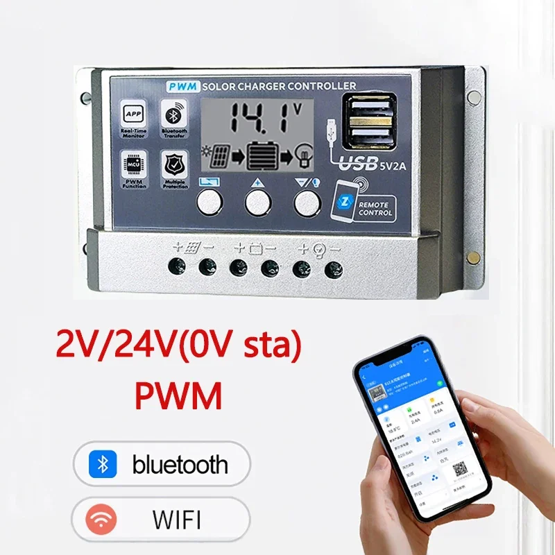 Solar Charge Controller bluetooth WIFI 12V 24V 0V Start Repair PWM Solar Controller Auto Dual USBCharger LCD Digital Display