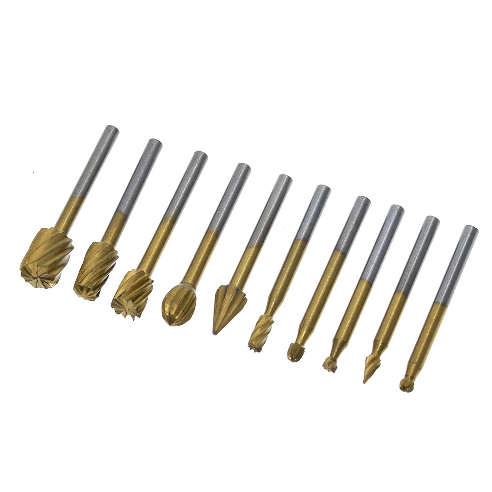 10 Pieces 1/8 HSS Routing Router Drill Bits Set Dremel Carbide Rotary Burrs Tools Wood Stone Metal Root Carving Milling Cutter