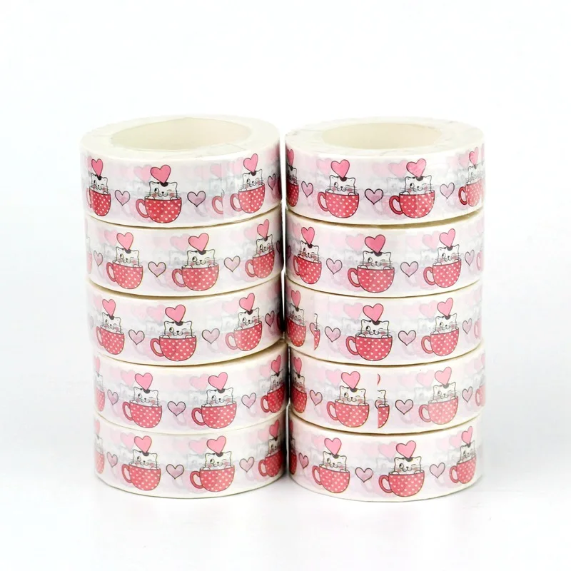 

10pcs/lot Cartoon Cats with Red Hearts Cups Valentine Washi Tapes Scrapbooking Planner Adhesive Masking Tape Kawaii Papeleria