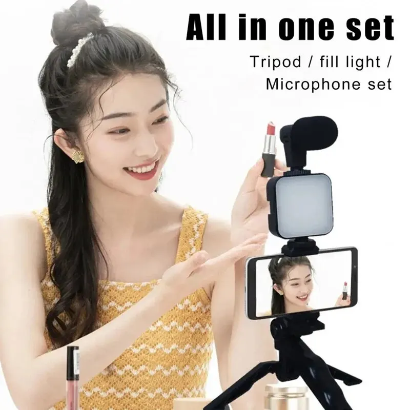 Smartphone Vlogging Kit With Tripod Phone Holder Mini Microphone LED Fill Light Starter For TikTok Live Stream Video YouTube 2