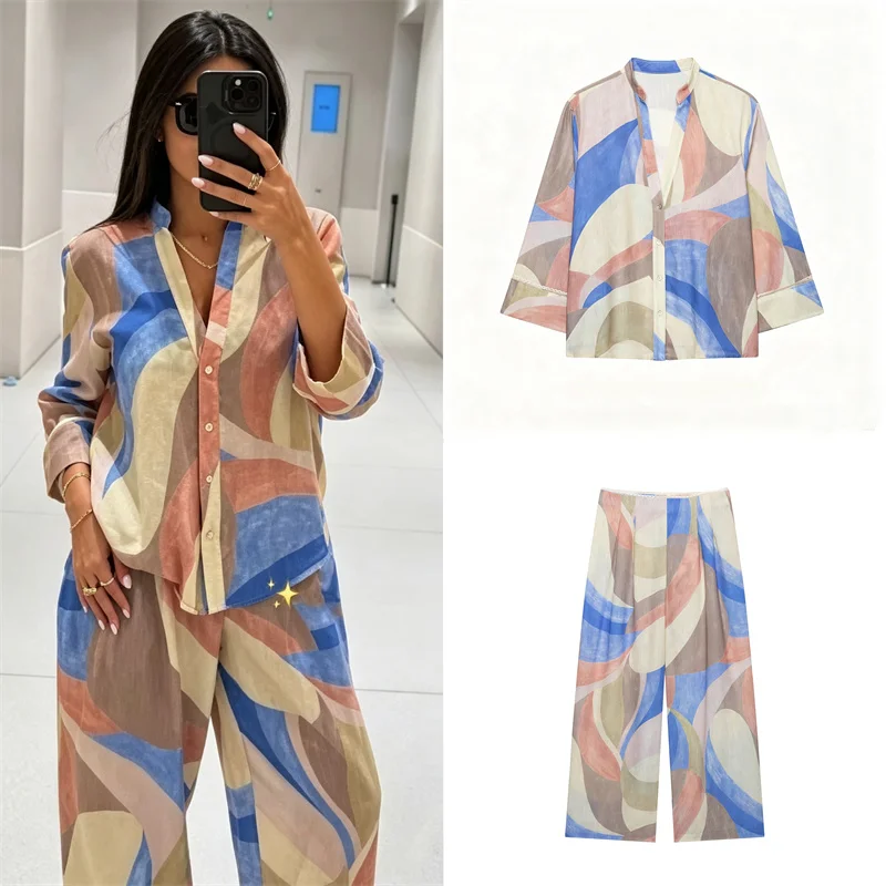 Guobioziy Women's Shirt 2026 Early Autumn New Fashion Lace-Trimmed Printed Shirt with Mid-Waist Wide-Leg Pants