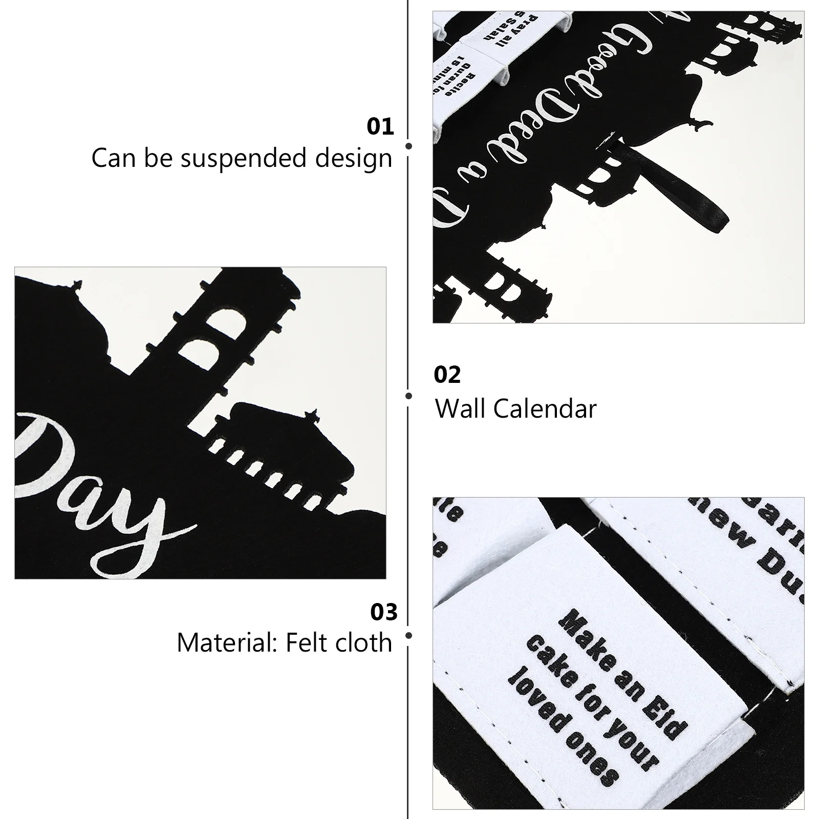

1Pcs Muslim Eid Countdown Calendar Felt Cloth Hanging Mubarak Wall Home Decor Office Decoration White Reusable Festival Calendar