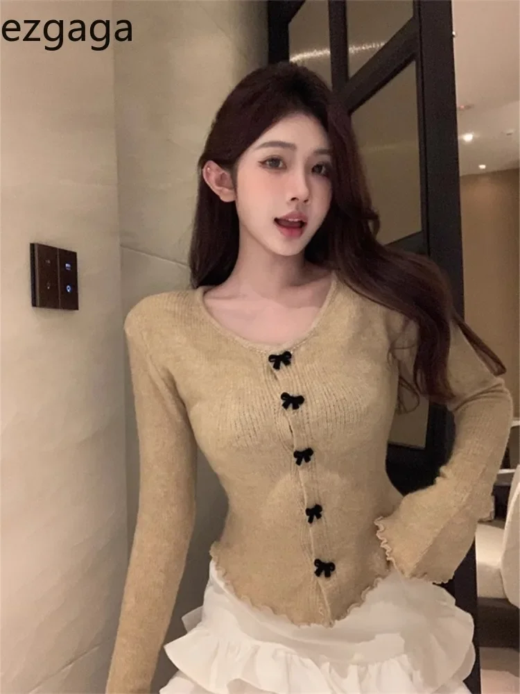 Ezgaga Knitted Cropped Cardigan Women Sweet Bow Button Long Sleeve Slim Stretch Bottoming Sweater Thin Female Fashion Tops