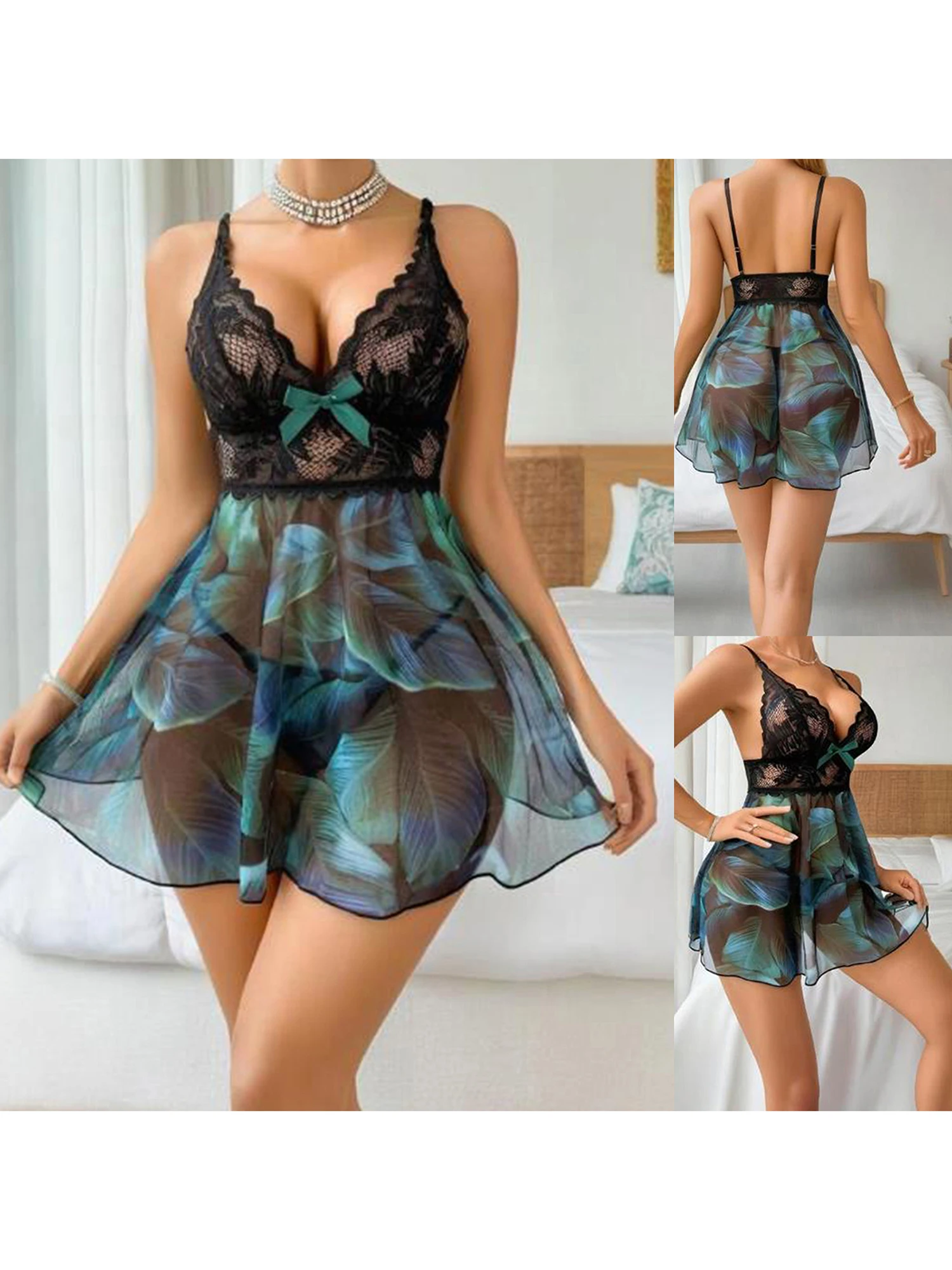 Conjunto de lingerie feminina sexy de renda babydoll com tanga g-string e camisola de malha transparente para roupa de dormir íntima