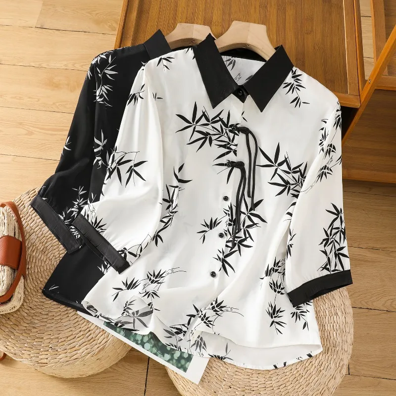 

Chinese Style Women's Blouses Vintage Print Shirts Striped Loose Summer Clothing Short Sleeved Cotton Linen Women Tops
