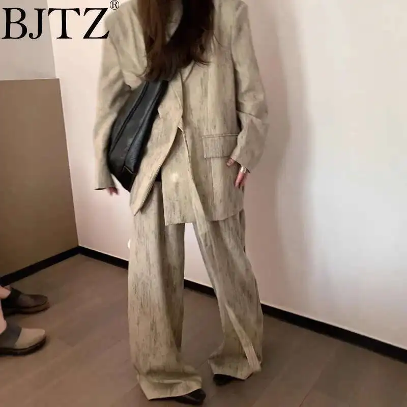 

BJTZ 2025 Early Spring Simple Everything Lazy Style Tie Dye Lace-up Design Sense Small Suit Wide-leg Pants Fashion Two-piece Set