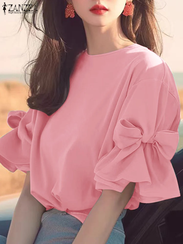 ZANZEA Vintage Bow Tie Patchwork Chiffon Blouse Women Korean Ruffles Shirt 2024 Autumn Elegant Lantern Short Sleeve Tops Tunic