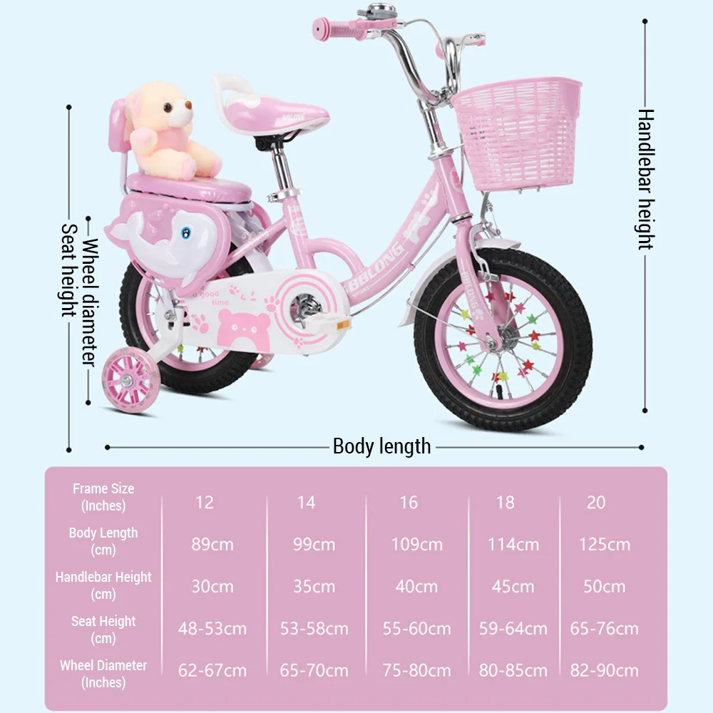 Kids Bike 12-20in Bicycle for Girls Ages 3-13 Years with Training Wheels Basket Protective Net Fash Wheel