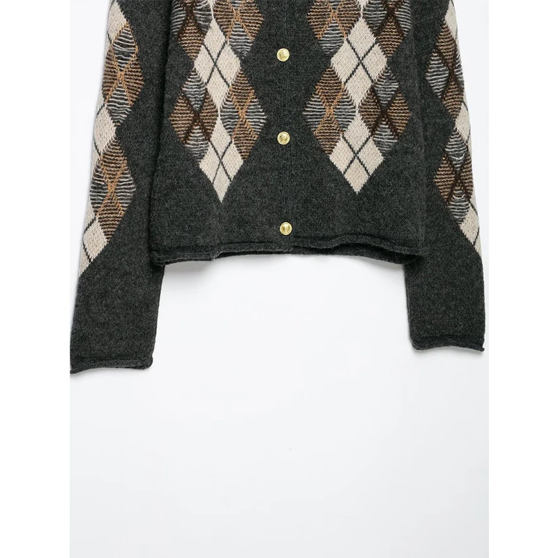 Autumn Women Argyle Knit Cardigan Round Neck  Long Sleeve Retro Casual Sweater Coat view 4