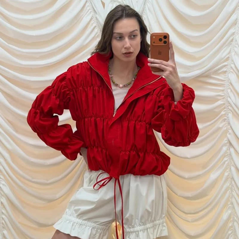

Tornova Retro Red Ruched Jacket Coat Women's Stand Collor Loose Fashion Long Sleeve Zipper Outwear 2026 Fashion Female Top Solid