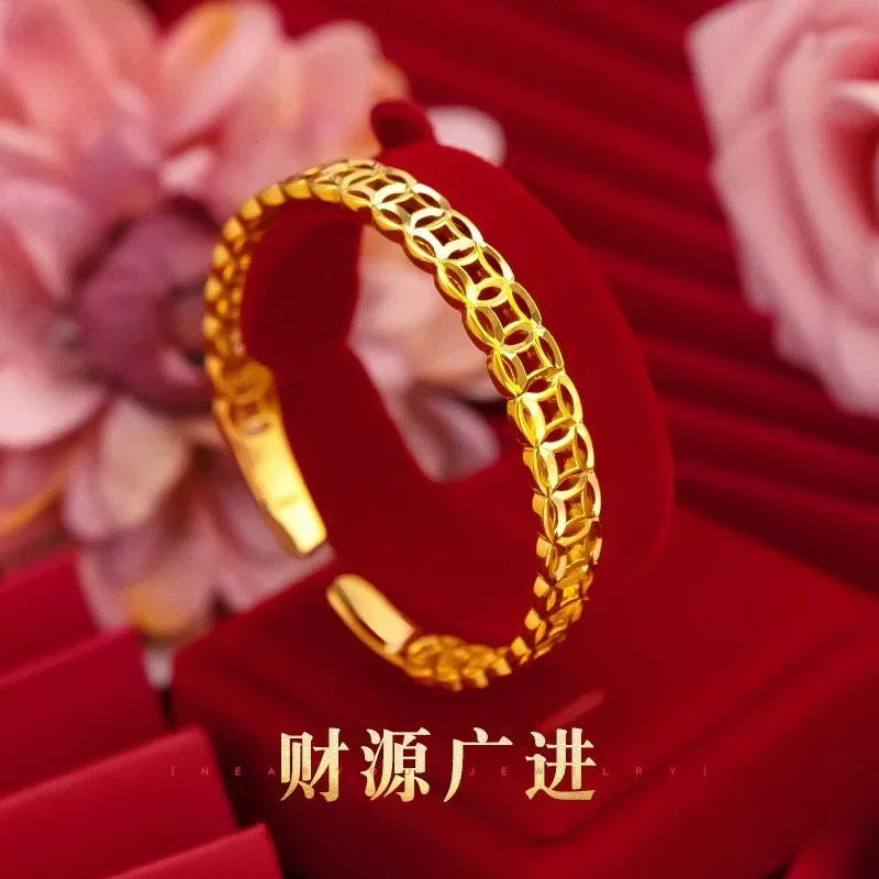 

9999 Real Gold Copper Coin Opening Bracelet, 24K Yellow Gold Bracelet for Women Wedding Engagement Fine Jewelry Gifts