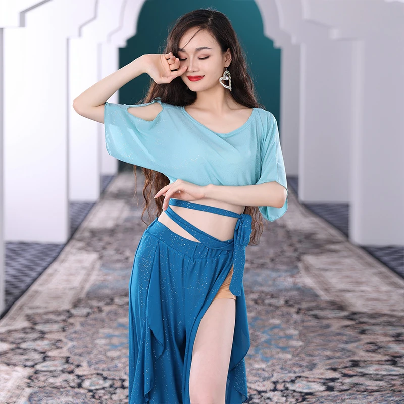 Traje de danza del vientre para mujer, ropa de práctica de tul Sexy Oriental, Top corto profesional de danza del vientre, falda larga dividida de Color sólido