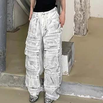 Amerikan Retro yüksek sokak ağır zanaat gevşek Joker kot bahar tasarım cep cep rahat pantolon erkekler ve kadınlar anlamak