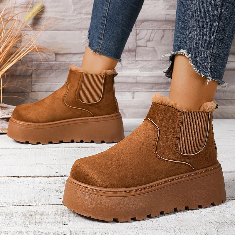 

Korean Chunky Platform Snow Boots Women Fashion Faux Suede Thick Plush Ankle Boots Woman Round Toe Slip On Cotton Shoes Mujer