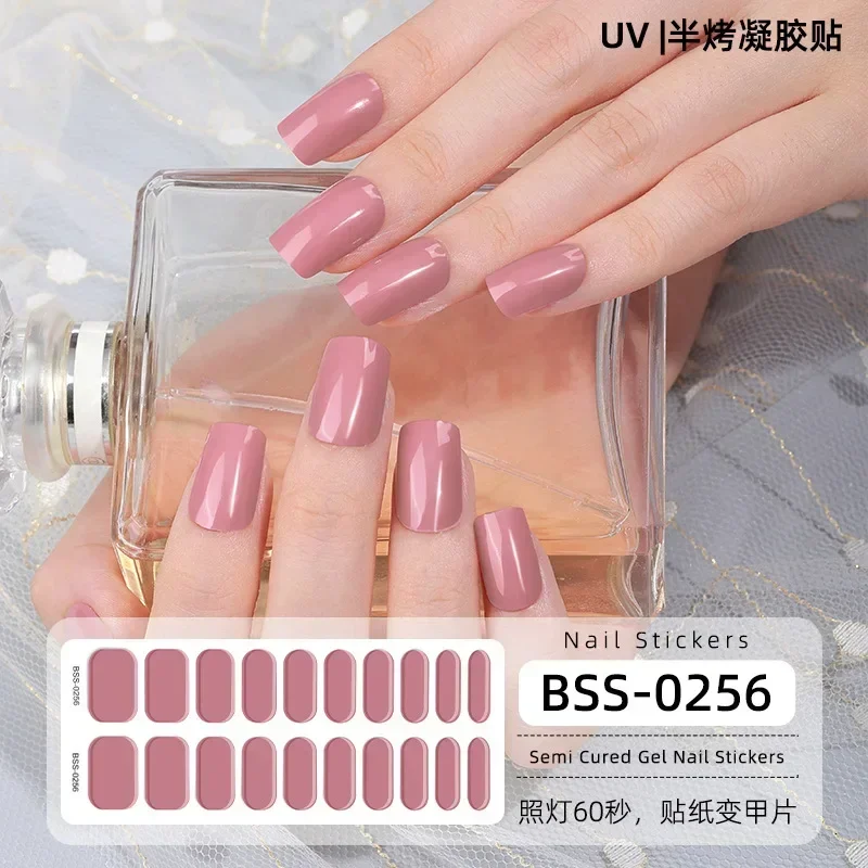 16/20/24 Tips Solid Color UV Semi-baked Semi-cured Gel Nail Stickers Full Cover Nail Decals  Nail Art Decorations