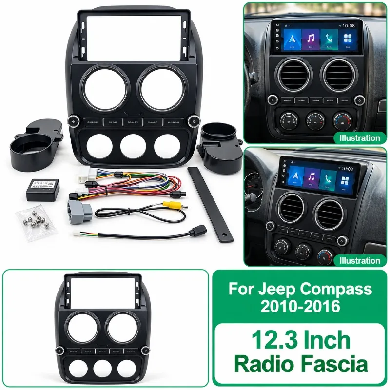 For Jeep Compass 2010-2016 12.3 Inch Radio Fascia Matte Black Dashboard Mounting Frame Kit with Wiring Harness