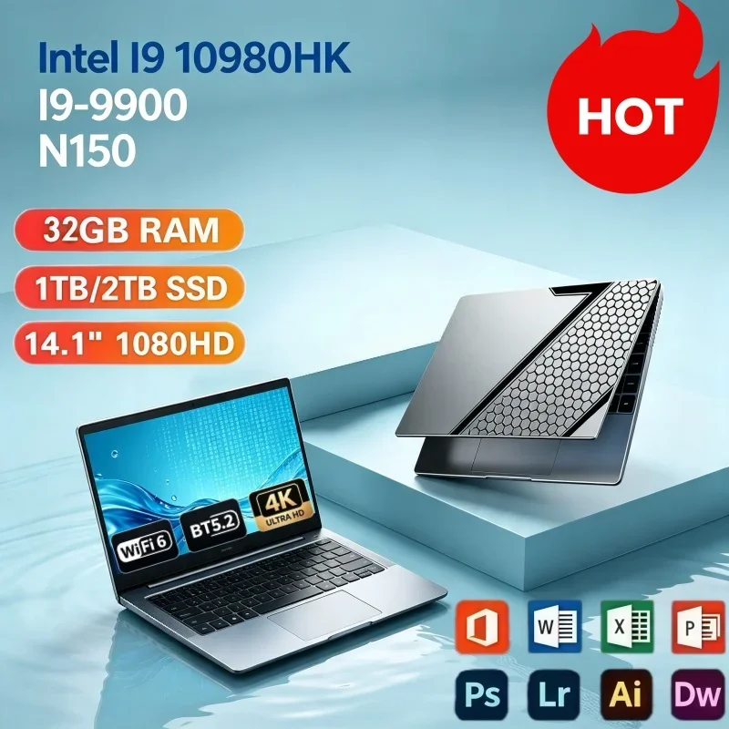 Portable 14.1" Notebook Computer Intel I9‑10980HK/I9‑9900/N150 Windows 11 32GB 2TB SSD High Performance Gaming & Office Laptop