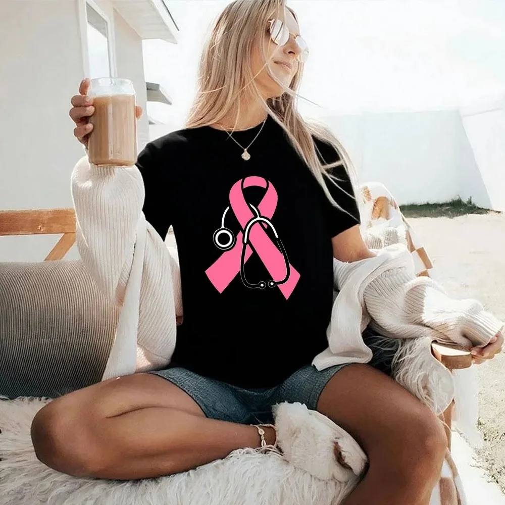 

Breast Cancer Ribbon Stethoscope Shirt Cancer Awareness Tshirt Breast Cancer Fighter Pink Ribbon Tee Women Cotton Short Sleeve